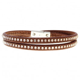 Leather bracelet "Jackie", double - cognac/silk